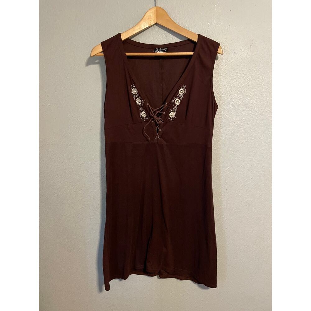 Vintage Womens Mini Dress Large Brown Floral Embroidered Babydoll Forest Fairy